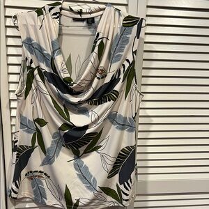 Leaf Print Sleeveless Top - White and Green